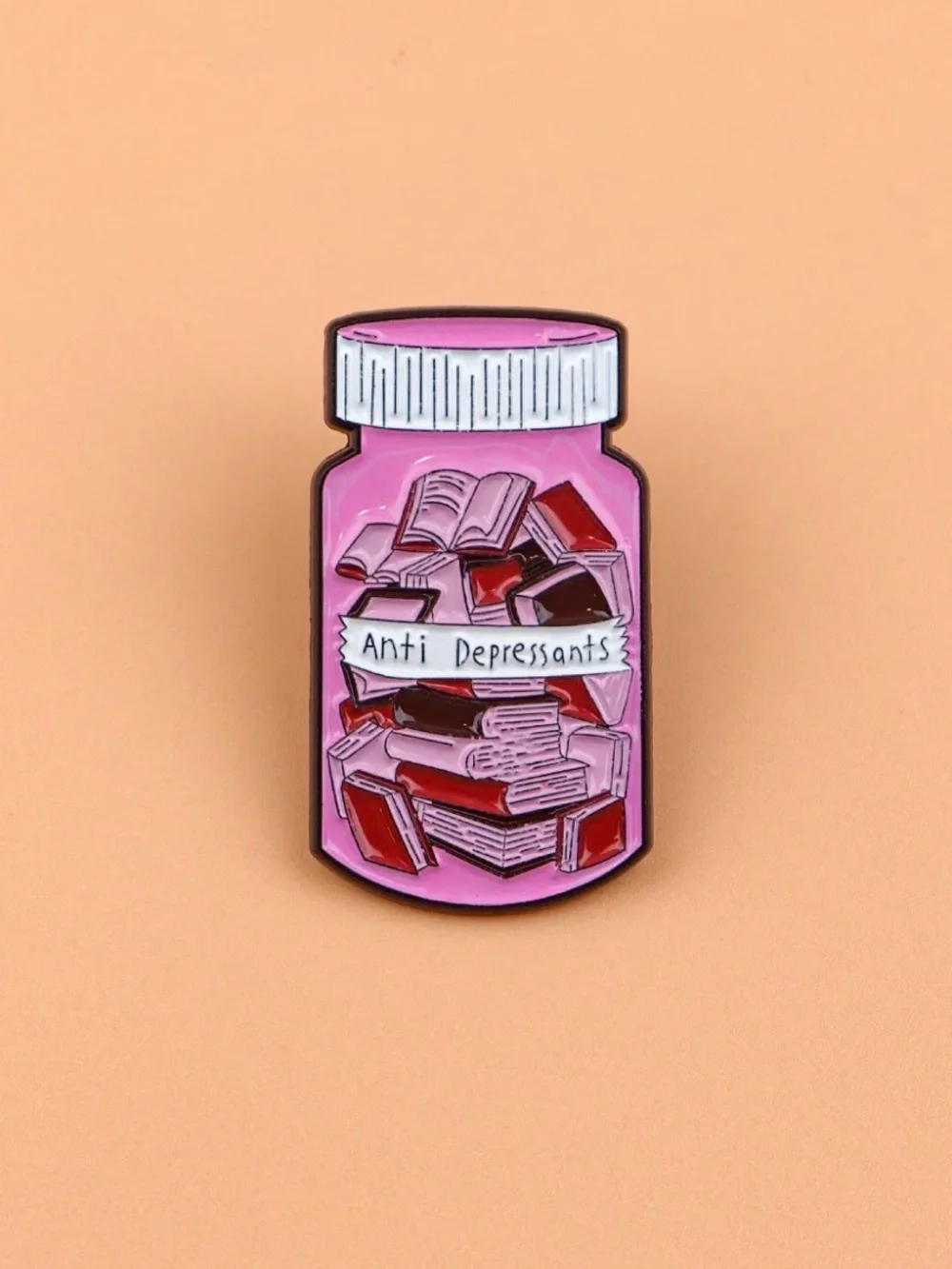 Anti Depressants Book Lover Enamel Pin | Pink Book Pill Bottle Lapel Pin.
